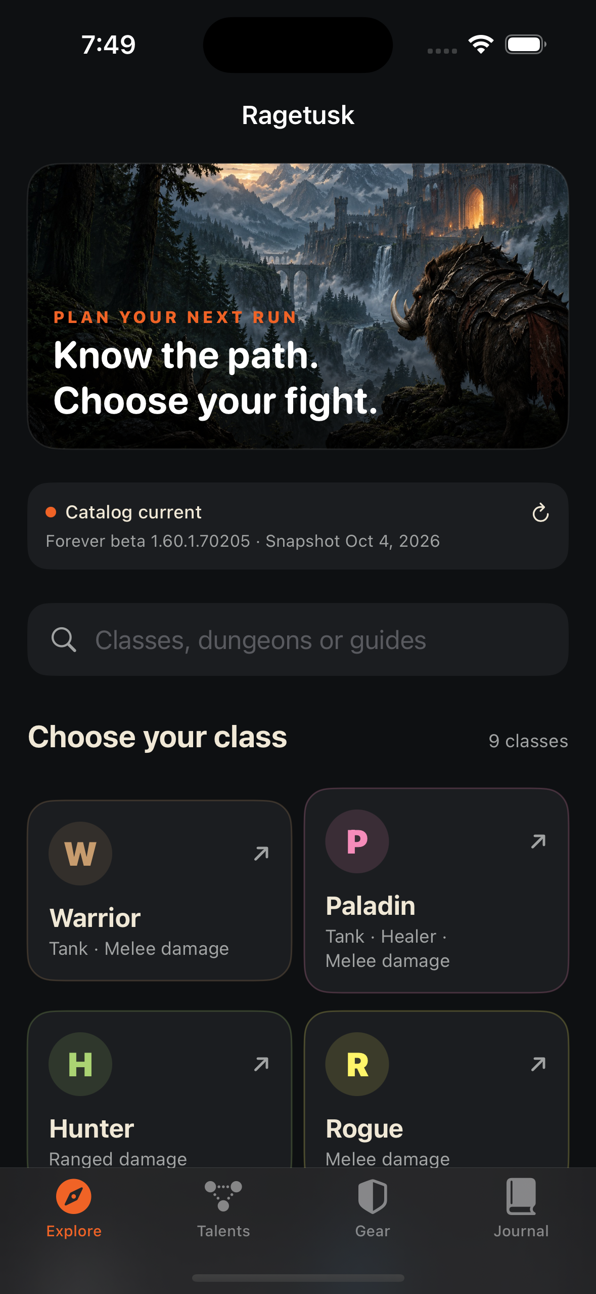 Ragetusk iPhone app showing the live catalog and class selection